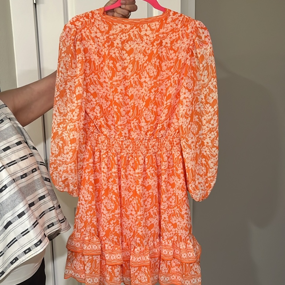 Max Studio Orange and White Plunge Sundress with Bishop Sleeves - Picture 3 of 5